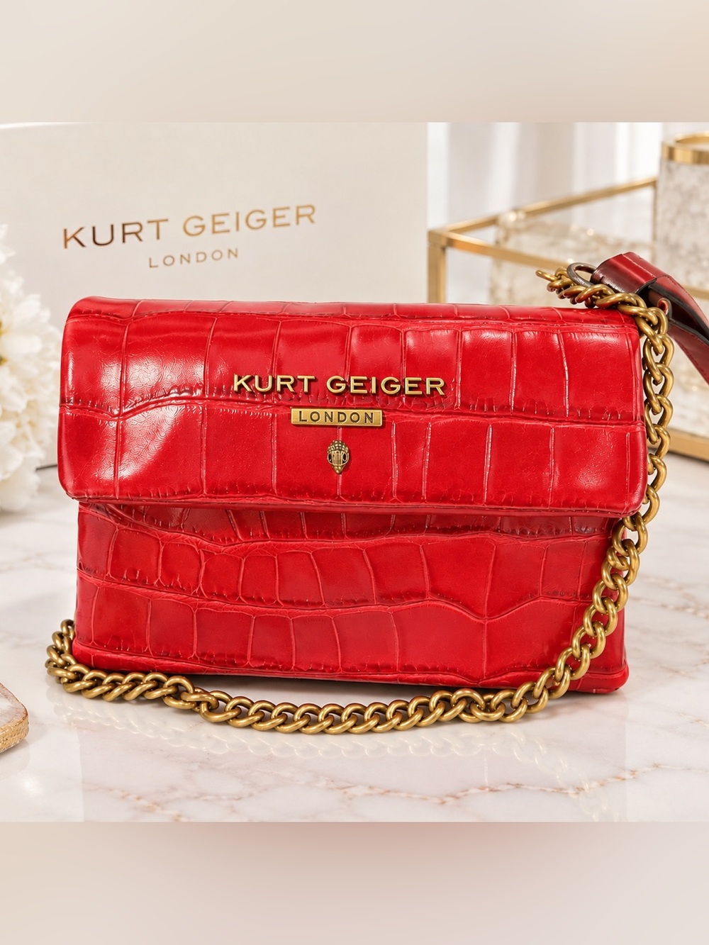 Kurt Geiger Red Croc-Embossed Leather Crossbody with Gold Chain